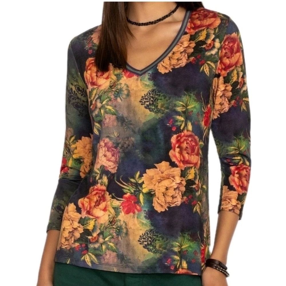 Johnny Was The Janie Favorite 3/4 Sleeve V-Neck Tee Small Floral Stretch Boho